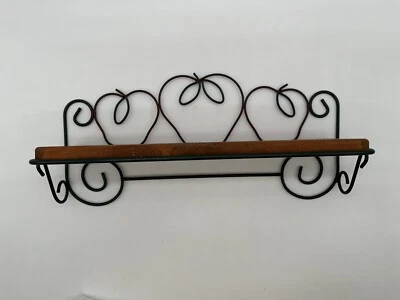 Vtg wrought iron & wood wall hanging shelf rack green red apples scroll kitchen - Image 1 of 4