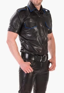 Men's Real Lamb Leather Police Uniform Short Sleeves Shirt IN 3 COLORS Piping - Picture 1 of 3