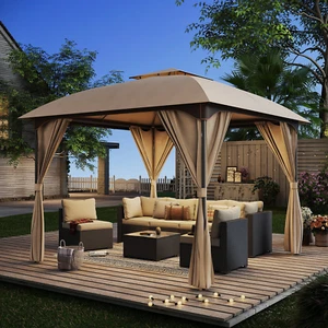 10'X10' Outdoor Gazebo, Unique Arc Roof Design and Privacy Curtains Included, Kh - Picture 1 of 11