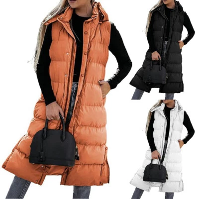 Women  Lady Long Line Hooded Puffer Gilet Jacket Padded Vest Top Body Warmer - Image 1 of 4
