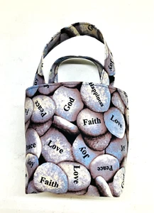 Handgefertigte Stoff gefütterte Mini Beuteltasche/Geschenktasche grau Peace Kieselsteine Druck neu - Bild 1 von 6