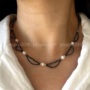 3mm Faceted Black Spinel Gems Beads Natural White Freshwater Pearl Necklace 18'' - Picture 1 of 7