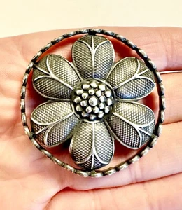 SPECTACULAR XL 1.75” Antique Silver Metal Button Repousse Filigree Flower 10 gms - Picture 1 of 9