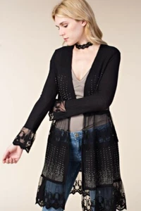 new VOCAL STUDDED rhinestones LACE CARDIGAN wrap western BOHEMIAN black SM-3X - Picture 1 of 6