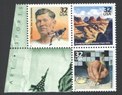3 Unused US 32 Cent Stamps 1910s Celebrate the Century JIM THORPE Grand Canyon - Image 1 of 2