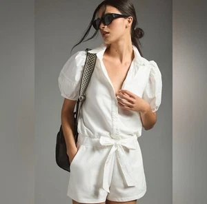 NWT Sundays White Barrett Tie Waist Button Down Short Puff Sleeve Romper Size L - Picture 1 of 11