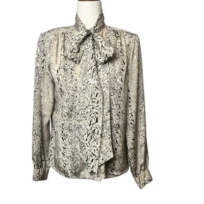 Shapely Vintage Pussy Bow Tie Secretary Career Blouse Abstract Print Size 10 - Image 1 of 4