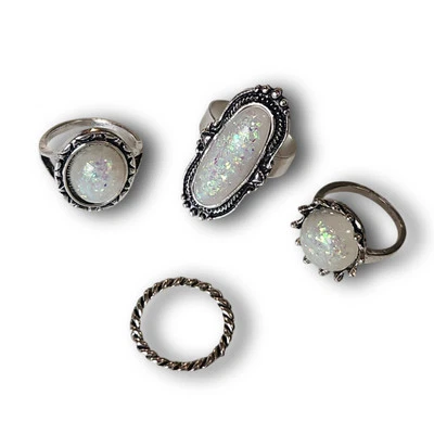 Juego de 4 anillos bisutería imitación ópalo estilo vintage tono plata ajustable  Foto 1 de 4
