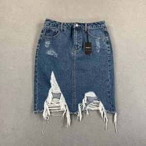 Forever 21 Denim Skirt Womens Small Blue Distressed Raw Hem Frayed Knee Length - Picture 1 of 18
