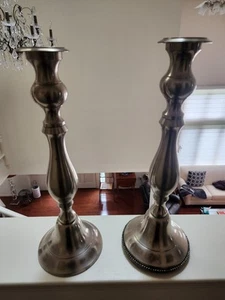 VINTAGE RESTORATION HARDWARE SILVER BRUSHED NICKEL 16" TALL CANDLESTICKS (2) - Picture 1 of 17