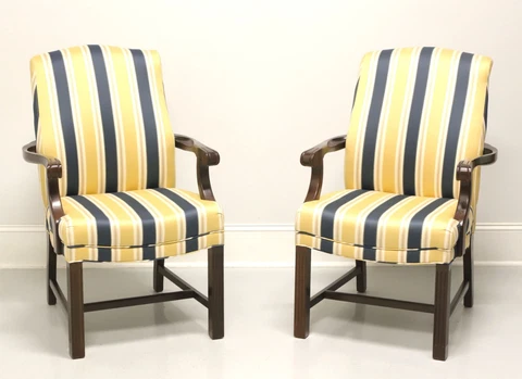 Mahogany Frame Chippendale Blue & Yellow Stripe Upholstered Armchairs - Pair A Cover