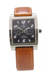 Festina Men Watch Stainless Silver Steel 50m Brown Leather Day Date Blue Quartz - Picture 1 of 6