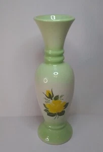 Green & white Ceramic Bud Vase-Hand Painted yellow roses 7.5 in - Picture 1 of 8