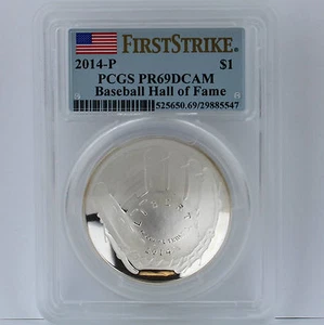 2014-P $1 Baseball Hall of Fame Silver Proof PCGS PR 69 DC First Strike Label - Picture 1 of 4