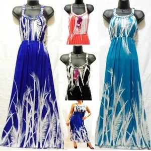 Bohemian Summer Maxi Dress Sundress Sun Evening Long Topical Leaf Feather Grass - Picture 1 of 5