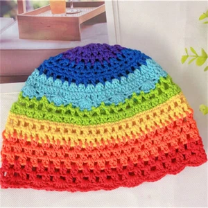 Lady Cute Rainbow Beanie Knitting Hat Drop Earring Hollow Out Stretch Cap Summer - Picture 1 of 8