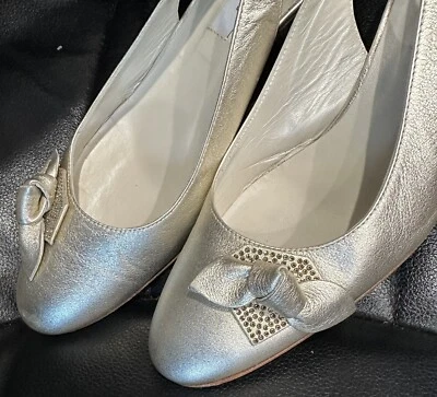 Bournazos Champagne Gold Leather Bow Crystals Sling Heels EU 40 Wedding Prom 22 - Image 1 of 4