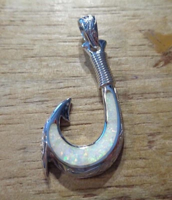 25MM HEAVY 925 SILVER INLAID WHITE OPAL HAWAIIAN SCROLLS FISH HOOK PENDANT #RF - Image 1 of 4