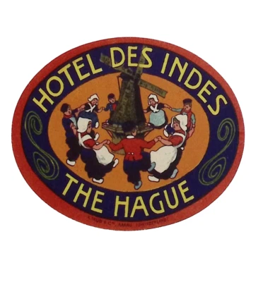 Hotel des Indes La Haya 3,5" W Etiqueta de equipaje de hotel de colección Molino de viento holandés Foto 1 de 3