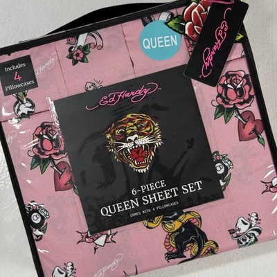 Nuevo Juego de Sábanas Ed Hardy 6 Piezas Talla Reina Rosa Americana Tatuaje Pantera Negra Foto 1 de 4