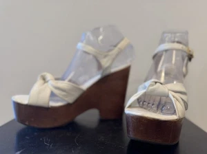 Sandalias De Colección Talla 8 Años 70 Plataforma Cuña Tacón Madera Zapatos Cuero Blanco Gaymode - Imagen 1 de 5