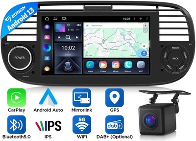 7" IPS Apple Carplay Autoradio Für Fiat 500 07-15 Android 13 GPS Navi RDS KAMERA - Bild 1 von 4