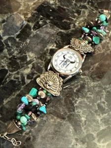 Native American Sterling Silver Beads & Ends Turquoise Onyx Glass Watch Vtg 90's - Picture 1 of 13