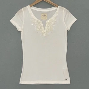 VTG Y2K Hollister Womens Top S White Fitted Beads Bows V Neck Henley Baby Bella - Picture 1 of 13