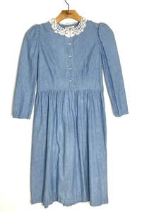 Abito vintage blu chiaro denim chambray modesto cottagecore con colletto in pizzo taglia 10 - Foto 1 di 16