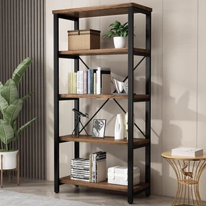 5 Tier Industrial Solid Wood Bookshelf, Open Etagere Bookcase with Metal Frame, - Picture 1 of 7
