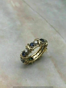 0.75 Ct Lab Created Blue Sapphire Diamond Band Ring 925 Sterling Silver Plated - Picture 1 of 8