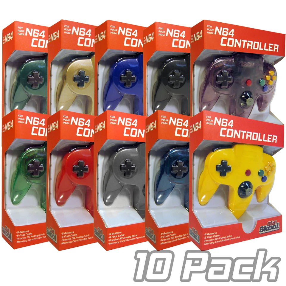 Old Skool Wired Controllers (Assorted Colors) for Nintendo 64 N64 - 10 Pack - Image 1 of 1