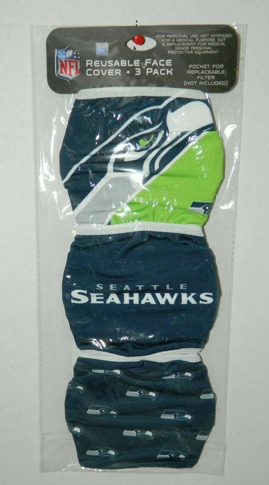 NFL Seattle Seahawks Football Adult Face Masks 3 Pack Reusable FOCO