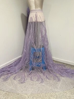 Lavender Beaded Sequins Embroidery Bridal Lace Fabric 50” Width Sold By Yard - Image 1 of 4