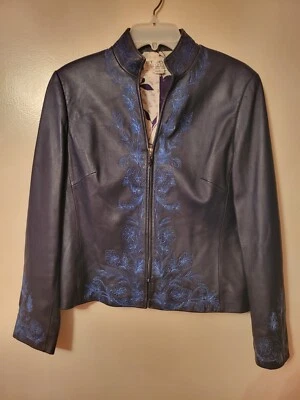 Chaqueta St. John Gorgeous Collection Cuero Azul Marino Cremallera Completa S Foto 1 de 4