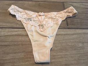 New Sz. S  NORDSTROM  Intimate  String  Stretch Lace/Nylon  Thong Beige Panties - Picture 1 of 4