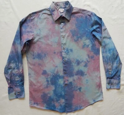 Tie Dye Blue Pink Gray Long Sleeve Button Up Shirt - Medium Slim Mens Hand Made - Image 1 of 4