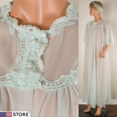 💖 SHADOWLINE Double Chiffon Mint Green Peignoir Robe Gown Nylon Full Length S - Image 1 of 4