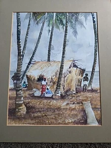 Original Watercolor Augustine Gokah "Relax And Wait" Ghana Scene Rare Signed Art - Picture 1 of 8