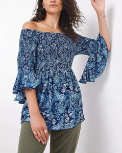 Joe Browns Tunic Top BLUE PAISLEY Bardot Shirred Sizes 16 18 20 22 24 26 30 32 - Picture 1 of 4