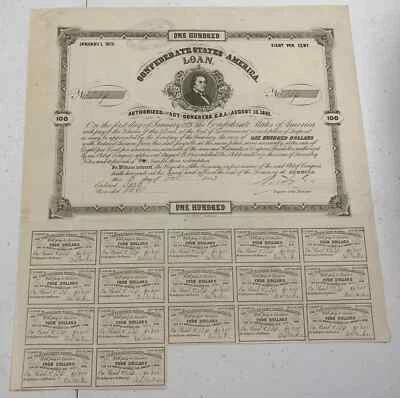 Type 62, Ball 76, 1863 $100 Confederate States of America Loan with 17 coupons - Image 1 of 2