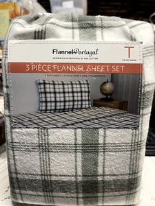 Flannel from Portugal 3 Piece Twin Size Flannel Sheet Set Color Green Plaid New - Picture 1 of 4