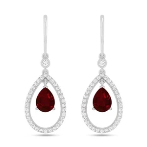 Teardrop Ruby & Diamond Lever back Earrings 925 Sterling Silver July #1026 - Picture 1 of 5