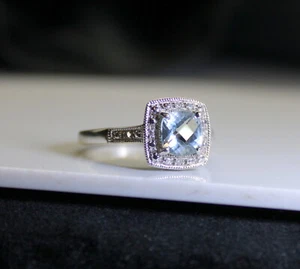 Gorgeous Vintage Ladies 10K White Gold .75Ct Asscher Blue Topaz & Diamond Ring - Picture 1 of 5