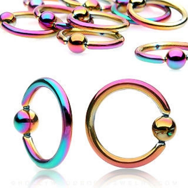 Pair 18G Rainbow Titanium Anodized Steel Captive Bead Tragus Cartilage Nose Ring - Image 1 of 1