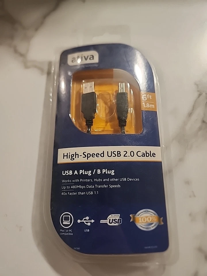 Ativa High-Speed USB 2.0 A Plug To B Plug A/B Cable 6ft - Image 1 of 4