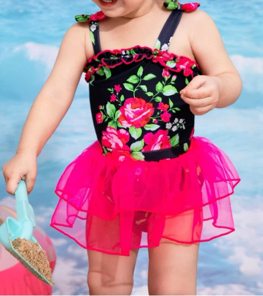 Сладкий ребенка ясельного возраста яркий цветной розовый печать купальник W/розовый балетной прикрыть 12-18 Mos - Изображение 1 из 4