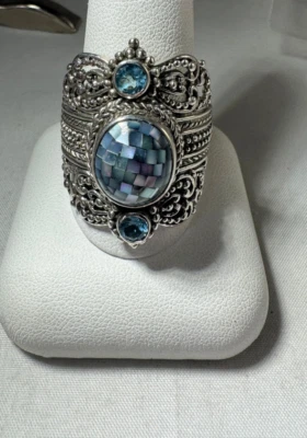 Anel vintage Sarda Artisan Bali prata esterlina 3 pedras mosaico madrepérola - Imagem 1 de 4