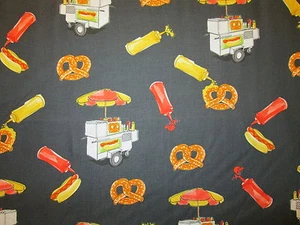 Hot Dogs Pretzels Cart Mustard Hot Dog Snacks Food Black Cotton Fabric FQ - Picture 1 of 7
