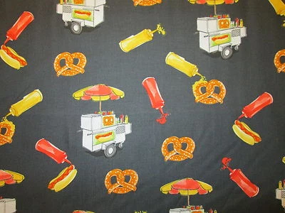 Hot Dogs Pretzels Cart Mustard Hot Dog Snacks Food Black Cotton Fabric FQ  - Image 1 of 4